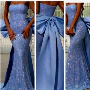 Baby Blue Strapless,  Big Bow, Mermaid Maxi Gown for Special Events